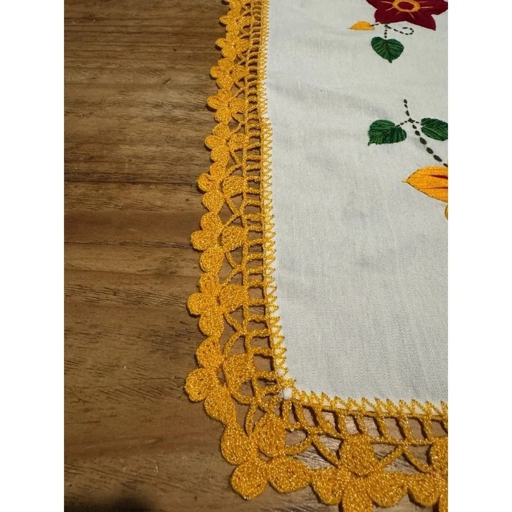 Vintage Hand Embroidered Linen Tablet Topper Crochet Lace Floral Cottagecore